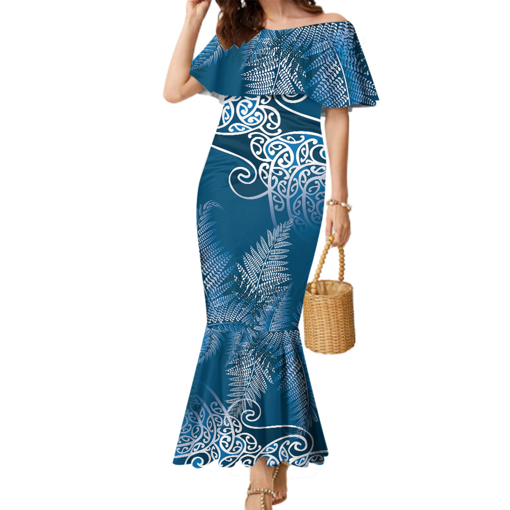 Aotearoa Maori Koru Curves Family Matching Mermaid Dress and Hawaiian Shirt Silver Ferns - Navy Blue LT7 Mom's Dress Navy Blue - Polynesian Pride