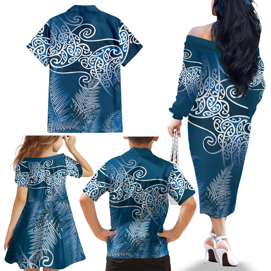 Aotearoa Maori Koru Curves Family Matching Off The Shoulder Long Sleeve Dress and Hawaiian Shirt Silver Ferns - Navy Blue LT7 - Polynesian Pride