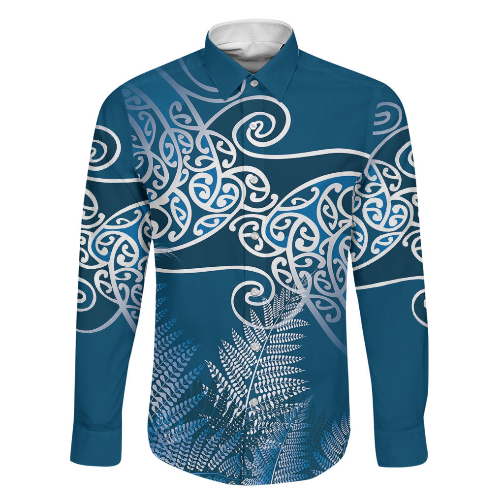 Aotearoa Maori Koru Curves Family Matching Off The Shoulder Long Sleeve Dress and Hawaiian Shirt Silver Ferns - Navy Blue LT7 Dad's Shirt - Long Sleeve Navy Blue - Polynesian Pride