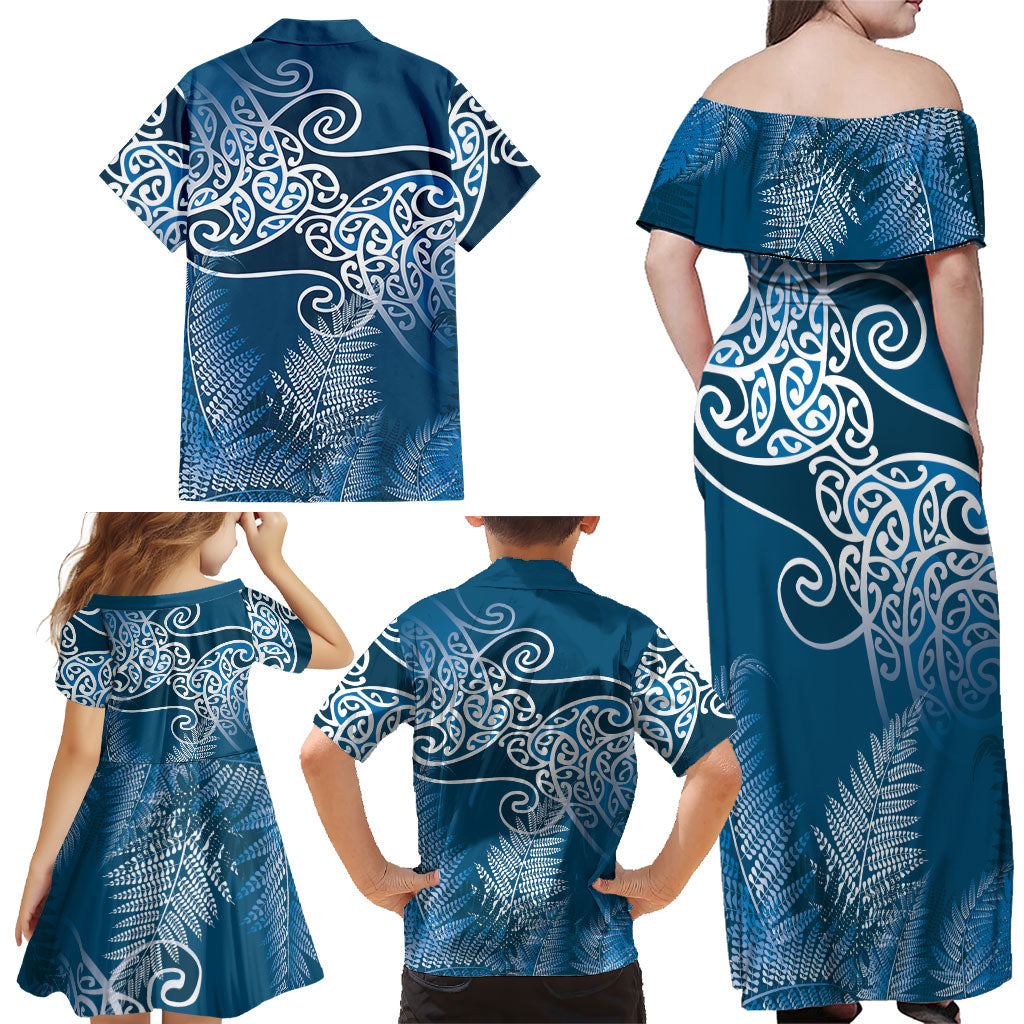 Aotearoa Maori Koru Curves Family Matching Off Shoulder Maxi Dress and Hawaiian Shirt Silver Ferns - Navy Blue LT7 - Polynesian Pride