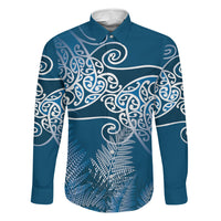 Aotearoa Maori Koru Curves Family Matching Off Shoulder Maxi Dress and Hawaiian Shirt Silver Ferns - Navy Blue LT7 Dad's Shirt - Long Sleeve Navy Blue - Polynesian Pride