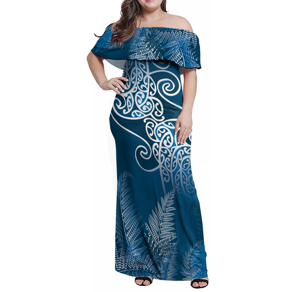 Aotearoa Maori Koru Curves Family Matching Off Shoulder Maxi Dress and Hawaiian Shirt Silver Ferns - Navy Blue LT7 Mom's Dress Navy Blue - Polynesian Pride