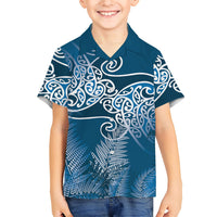 Aotearoa Maori Koru Curves Family Matching Off Shoulder Maxi Dress and Hawaiian Shirt Silver Ferns - Navy Blue LT7 Son's Shirt Navy Blue - Polynesian Pride