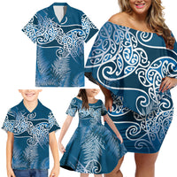 Aotearoa Maori Koru Curves Family Matching Off Shoulder Short Dress and Hawaiian Shirt Silver Ferns - Navy Blue LT7 - Polynesian Pride