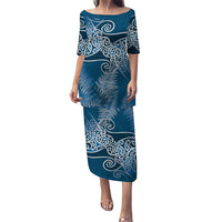 Aotearoa Maori Koru Curves Family Matching Puletasi and Hawaiian Shirt Silver Ferns - Navy Blue