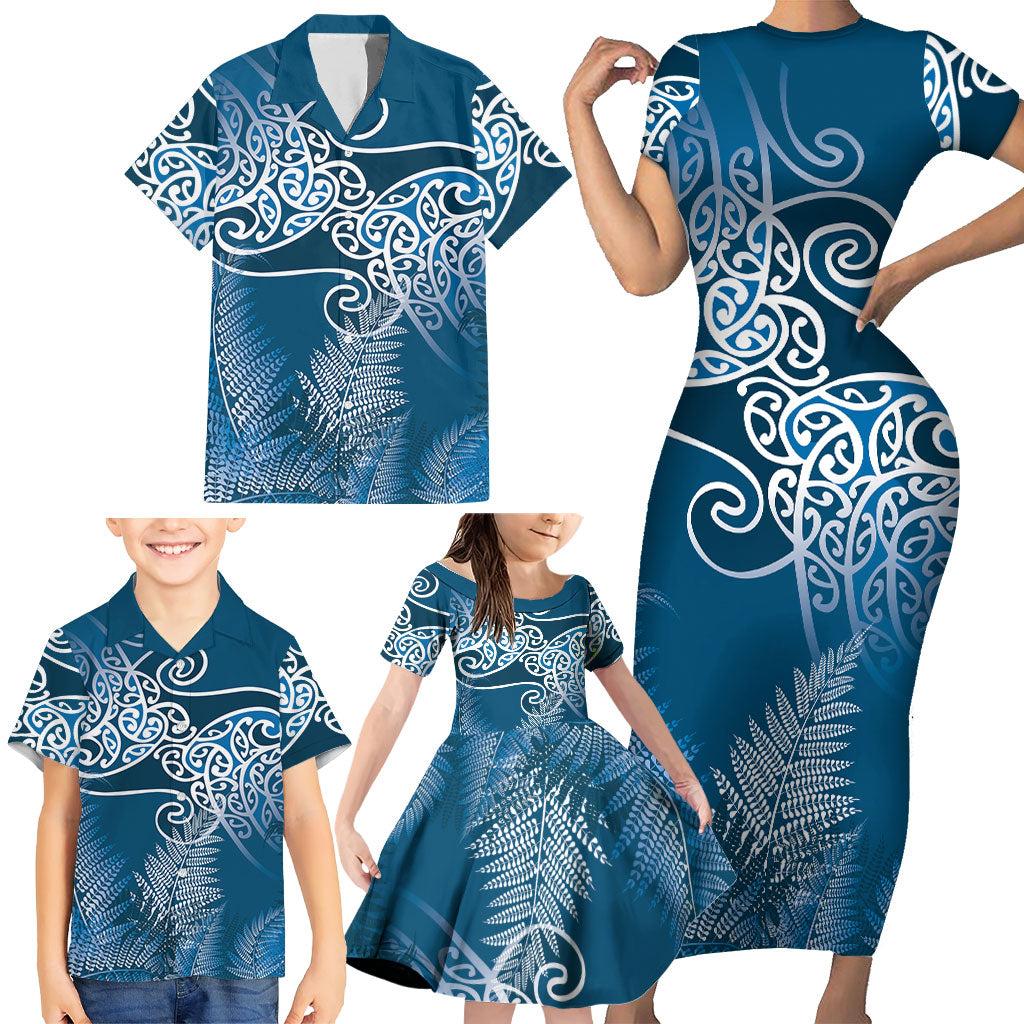 Aotearoa Maori Koru Curves Family Matching Short Sleeve Bodycon Dress and Hawaiian Shirt Silver Ferns - Navy Blue LT7 - Polynesian Pride