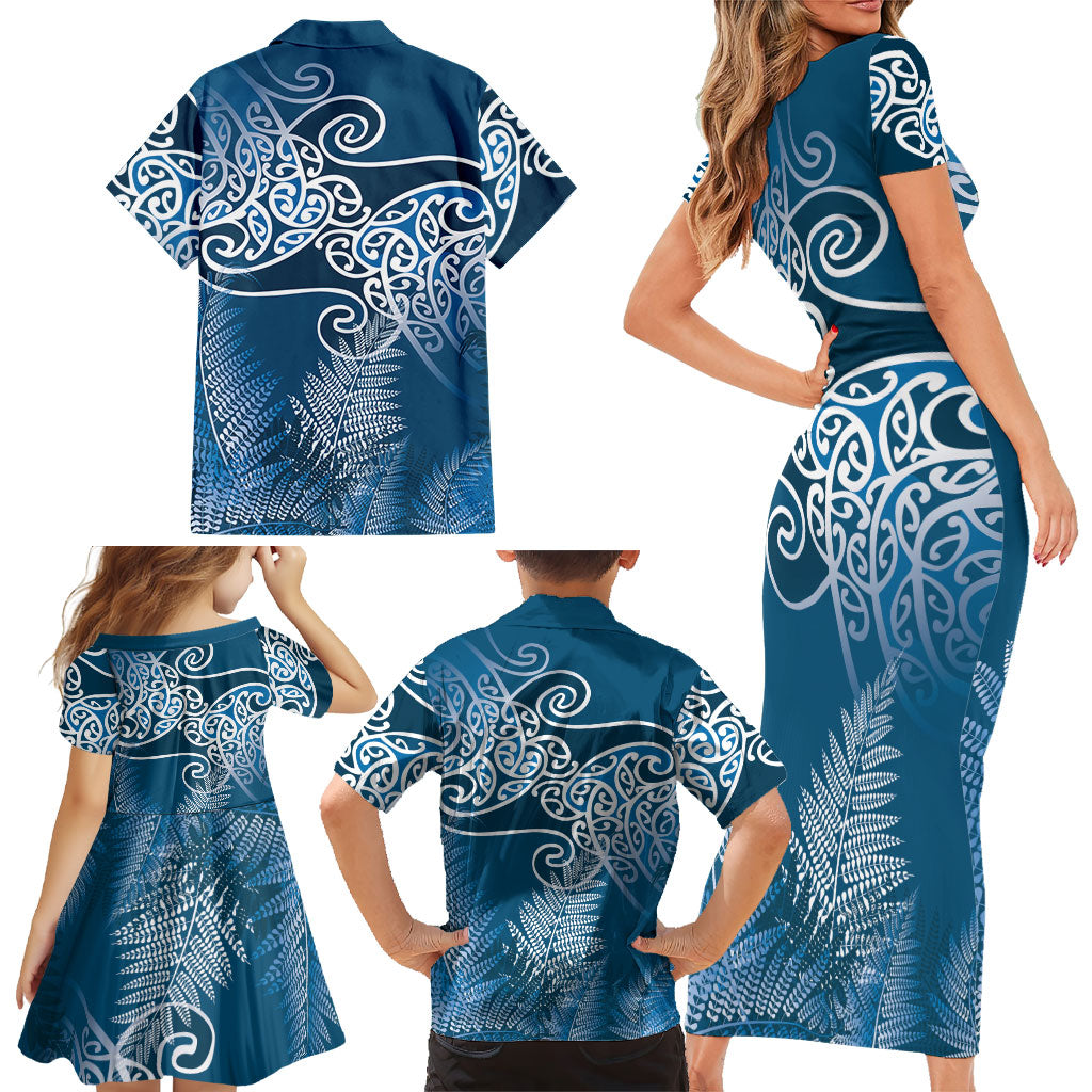Aotearoa Maori Koru Curves Family Matching Short Sleeve Bodycon Dress and Hawaiian Shirt Silver Ferns - Navy Blue LT7 - Polynesian Pride