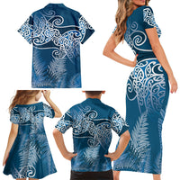 Aotearoa Maori Koru Curves Family Matching Short Sleeve Bodycon Dress and Hawaiian Shirt Silver Ferns - Navy Blue LT7 - Polynesian Pride
