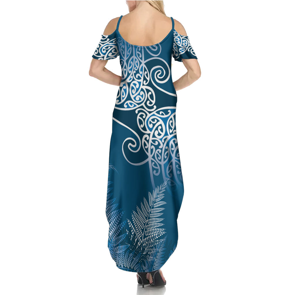 Aotearoa Maori Koru Curves Family Matching Summer Maxi Dress and Hawaiian Shirt Silver Ferns - Navy Blue LT7 - Polynesian Pride