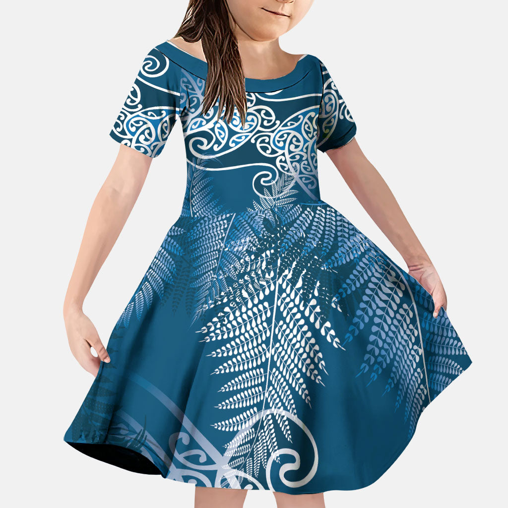 Aotearoa Maori Koru Curves Family Matching Tank Maxi Dress and Hawaiian Shirt Silver Ferns - Navy Blue LT7 Daughter's Dress Navy Blue - Polynesian Pride