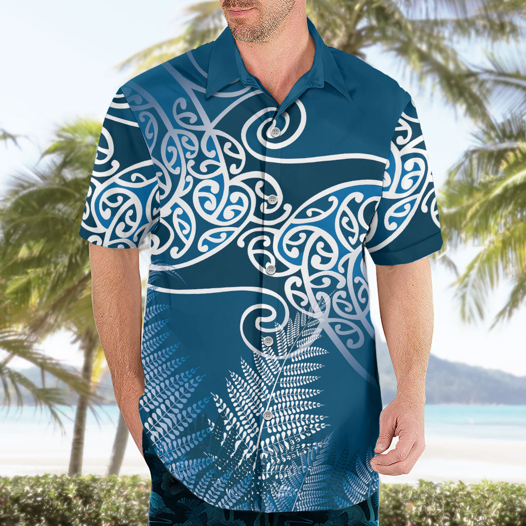 Aotearoa Maori Koru Curves Hawaiian Shirt Silver Ferns - Navy Blue