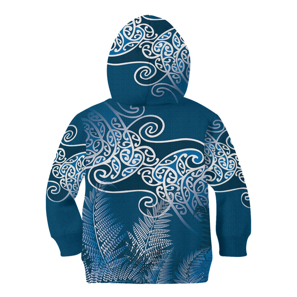 Aotearoa Maori Koru Curves Kid Hoodie Silver Ferns - Navy Blue