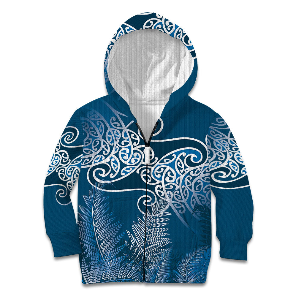 Aotearoa Maori Koru Curves Kid Hoodie Silver Ferns - Navy Blue