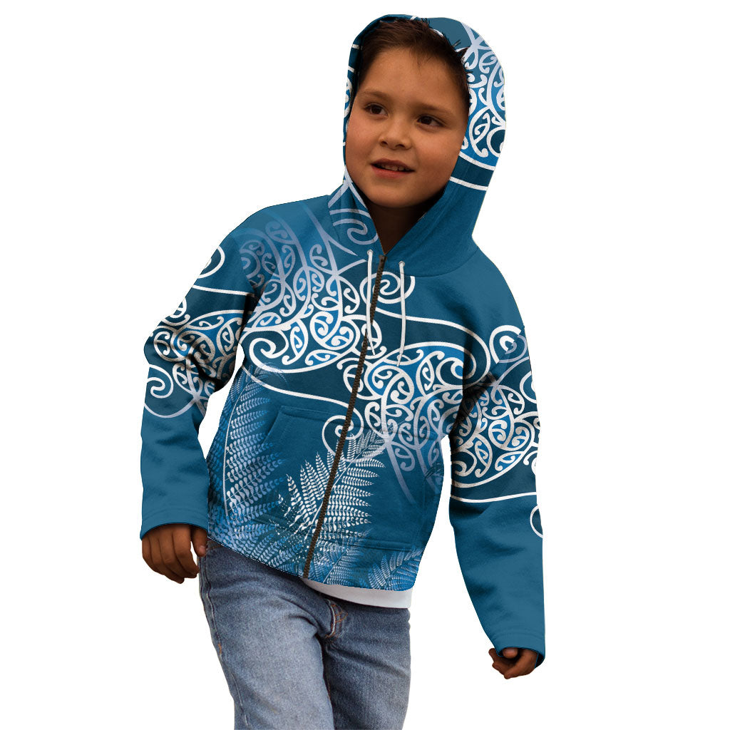 Aotearoa Maori Koru Curves Kid Hoodie Silver Ferns - Navy Blue