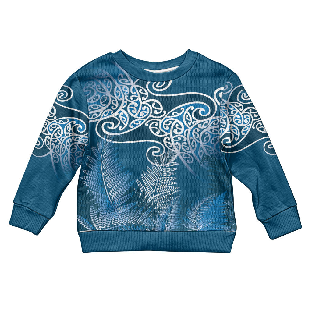Aotearoa Maori Koru Curves Kid Ugly Christmas Sweater Silver Ferns - Navy Blue LT7 Kid Navy Blue - Polynesian Pride