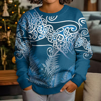 Aotearoa Maori Koru Curves Kid Ugly Christmas Sweater Silver Ferns - Navy Blue LT7 - Polynesian Pride