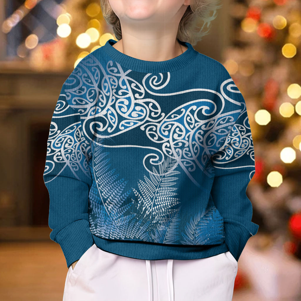 Aotearoa Maori Koru Curves Kid Ugly Christmas Sweater Silver Ferns - Navy Blue LT7 - Polynesian Pride
