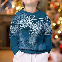 Aotearoa Maori Koru Curves Kid Ugly Christmas Sweater Silver Ferns - Navy Blue LT7 - Polynesian Pride