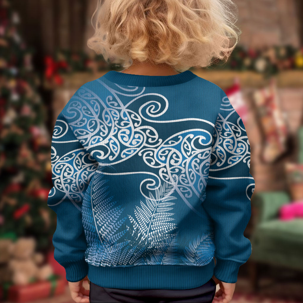 Aotearoa Maori Koru Curves Kid Ugly Christmas Sweater Silver Ferns - Navy Blue LT7 - Polynesian Pride