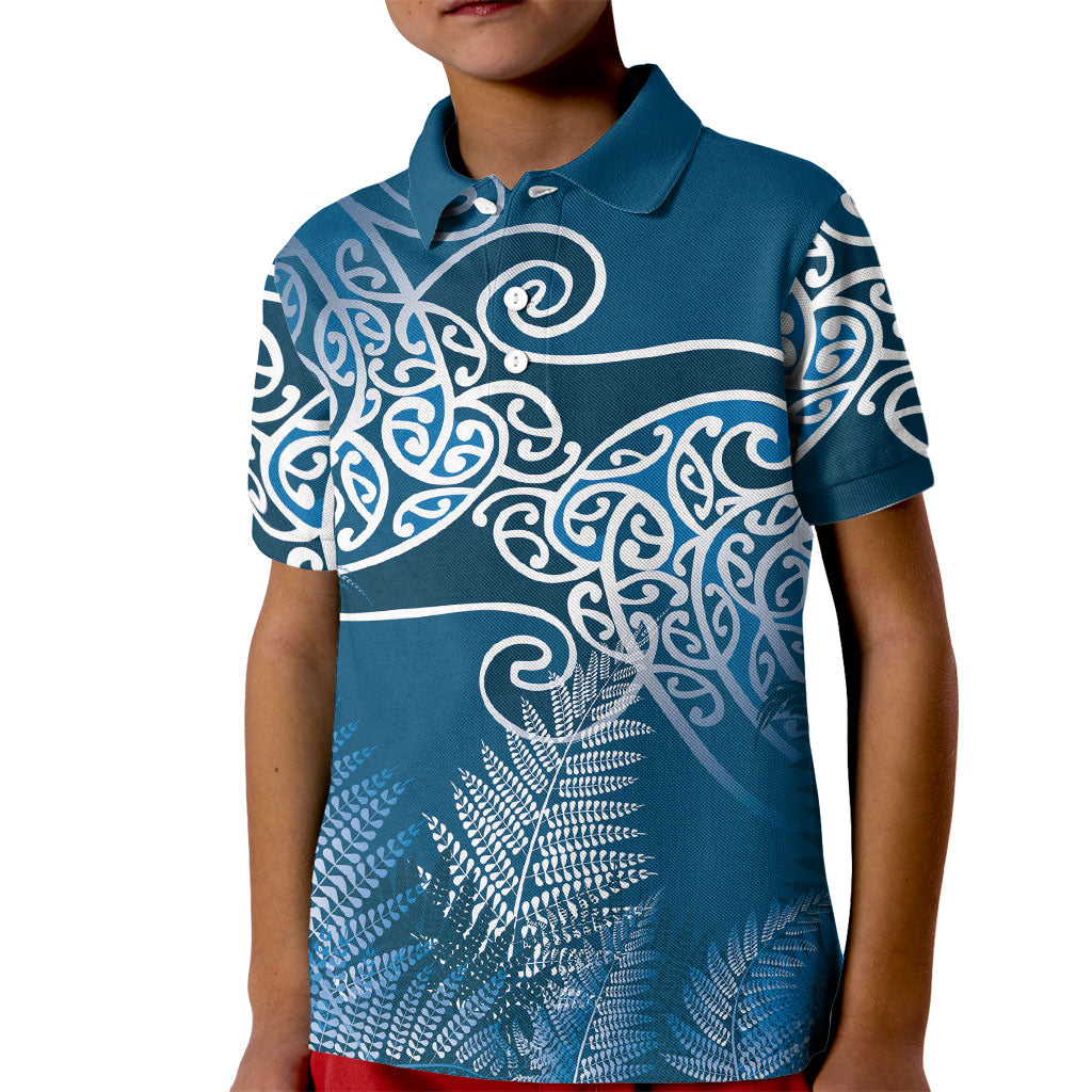 Aotearoa Maori Koru Curves Kid Polo Shirt Silver Ferns - Navy Blue