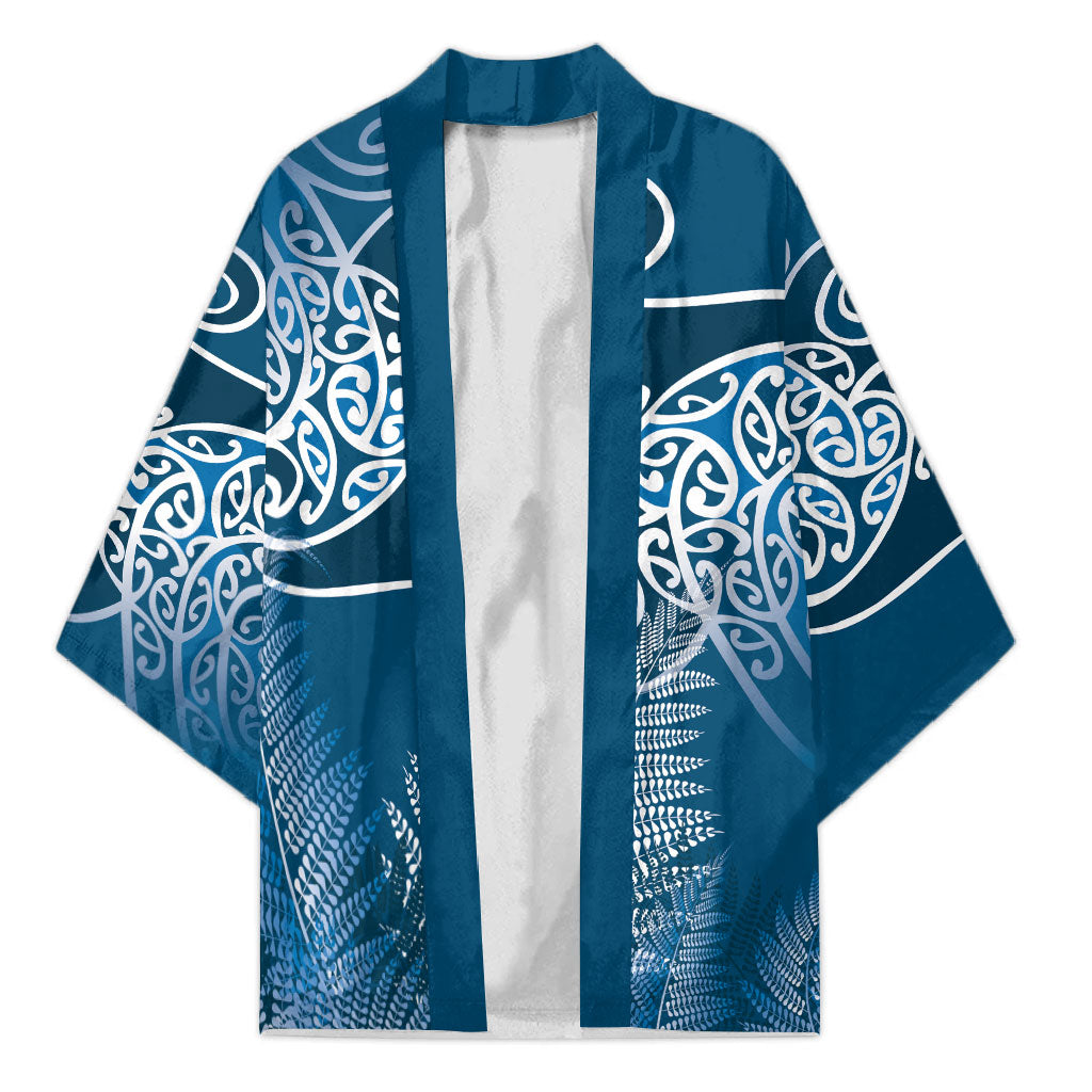 Aotearoa Maori Koru Curves Kimono Silver Ferns - Navy Blue