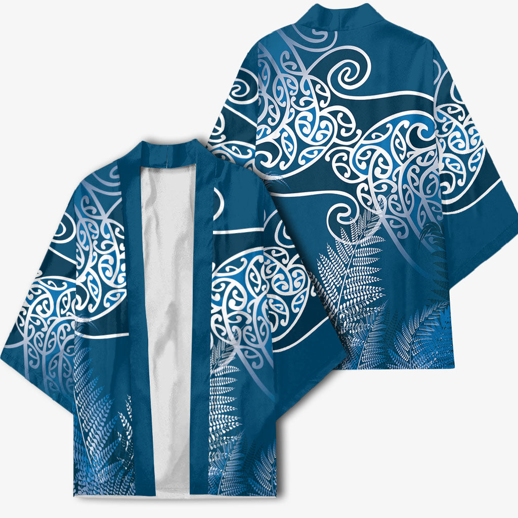 Aotearoa Maori Koru Curves Kimono Silver Ferns - Navy Blue