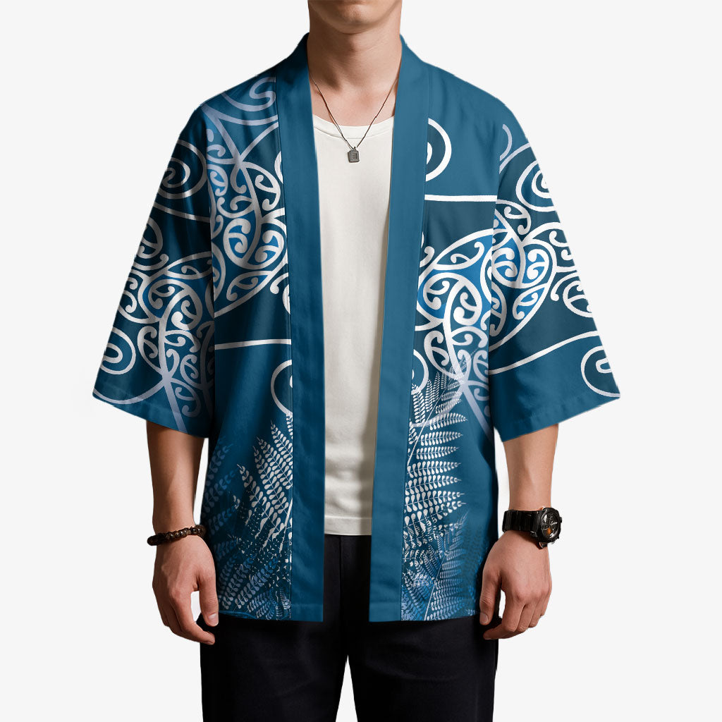 Aotearoa Maori Koru Curves Kimono Silver Ferns - Navy Blue