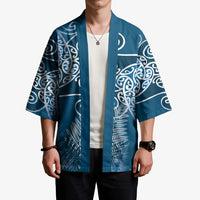 Aotearoa Maori Koru Curves Kimono Silver Ferns - Navy Blue