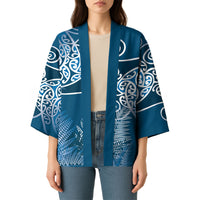 Aotearoa Maori Koru Curves Kimono Silver Ferns - Navy Blue