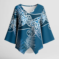 Aotearoa Maori Koru Curves Kimono Sleeve Blouse Silver Ferns - Navy Blue