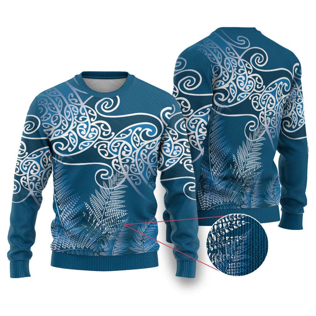 Aotearoa Maori Koru Curves Ugly Christmas Sweater Silver Ferns - Navy Blue LT7 Navy Blue - Polynesian Pride
