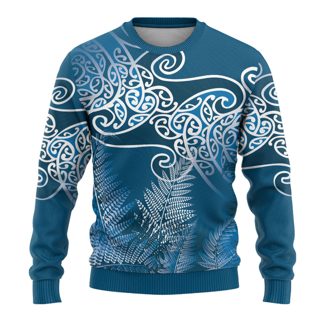 Aotearoa Maori Koru Curves Ugly Christmas Sweater Silver Ferns - Navy Blue LT7 - Polynesian Pride