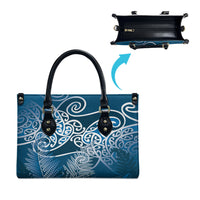 Aotearoa Maori Koru Curves Leather Bag Silver Ferns - Navy Blue