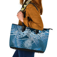 Aotearoa Maori Koru Curves Leather Tote Bag Silver Ferns - Navy Blue