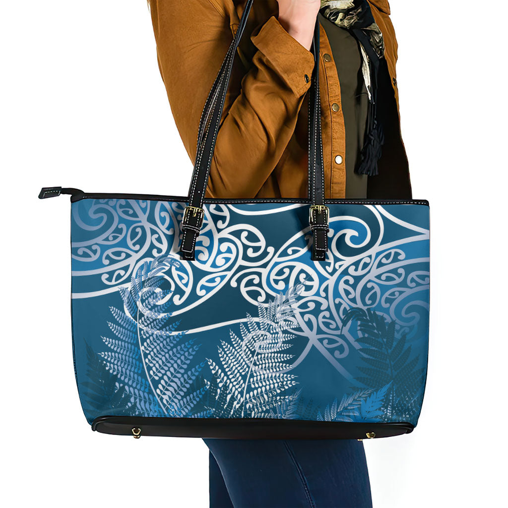 Aotearoa Maori Koru Curves Leather Tote Bag Silver Ferns - Navy Blue