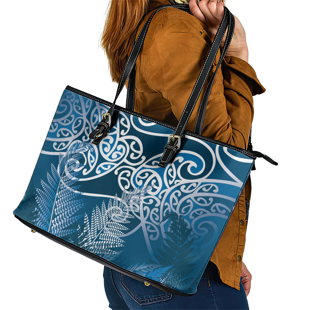 Aotearoa Maori Koru Curves Leather Tote Bag Silver Ferns - Navy Blue