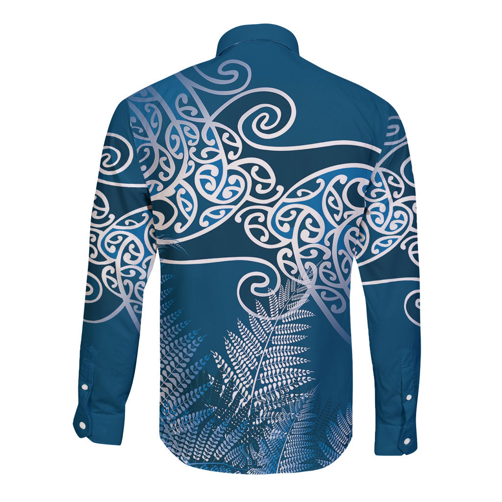 Aotearoa Maori Koru Curves Long Sleeve Button Shirt Silver Ferns - Navy Blue