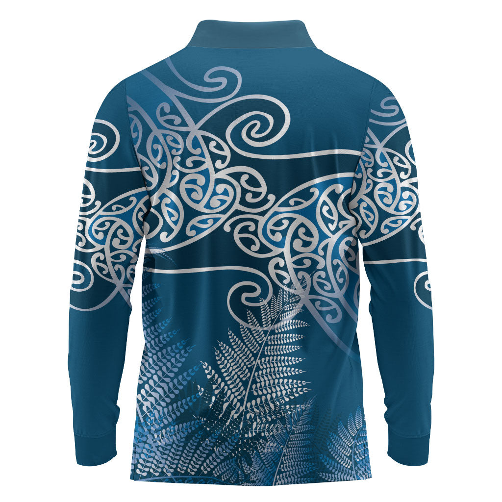 Aotearoa Maori Koru Curves Long Sleeve Polo Shirt Silver Ferns - Navy Blue