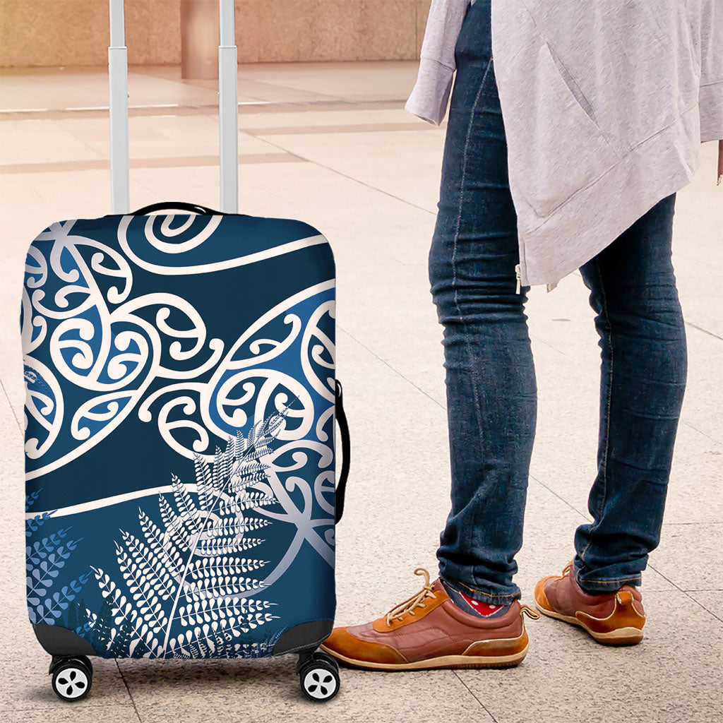 Aotearoa Maori Koru Curves Luggage Cover Silver Ferns - Navy Blue