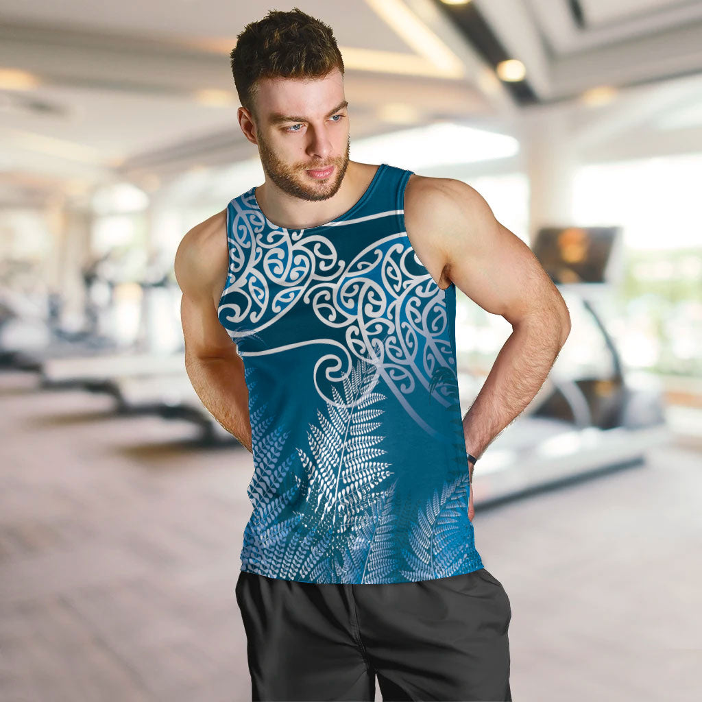 Aotearoa Maori Koru Curves Men Tank Top Silver Ferns - Navy Blue