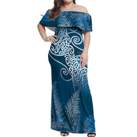 Aotearoa Maori Koru Curves Off Shoulder Maxi Dress Silver Ferns - Navy Blue