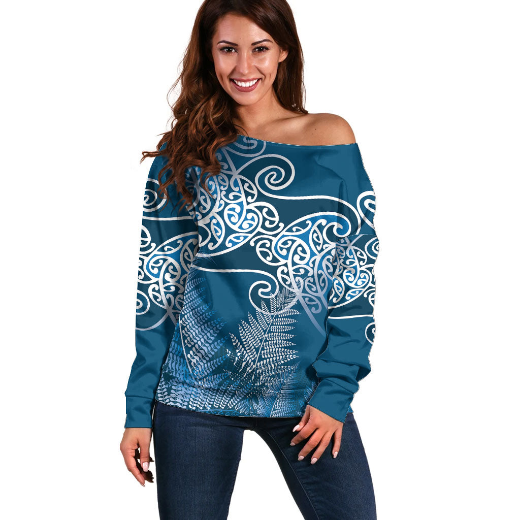 Aotearoa Maori Koru Curves Off Shoulder Sweater Silver Ferns - Navy Blue