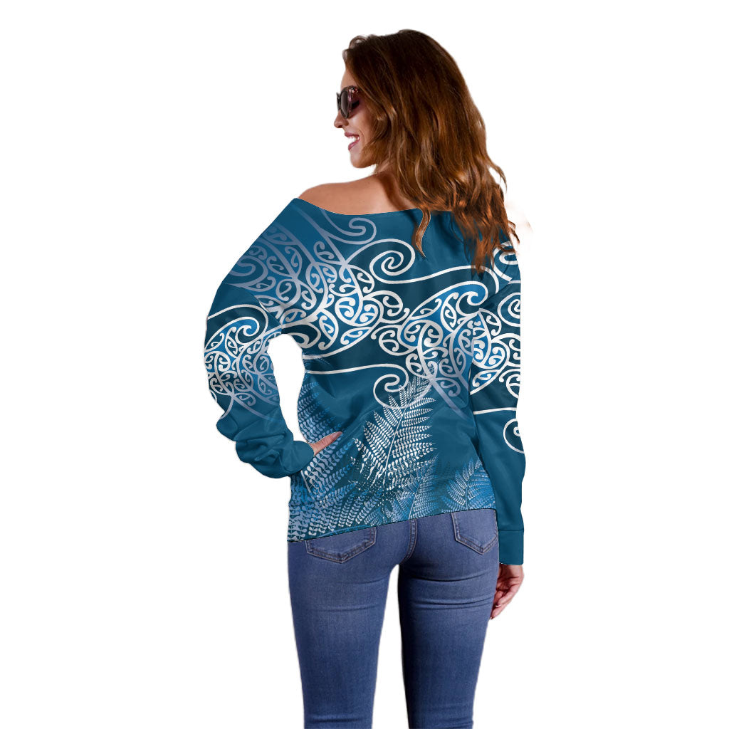 Aotearoa Maori Koru Curves Off Shoulder Sweater Silver Ferns - Navy Blue