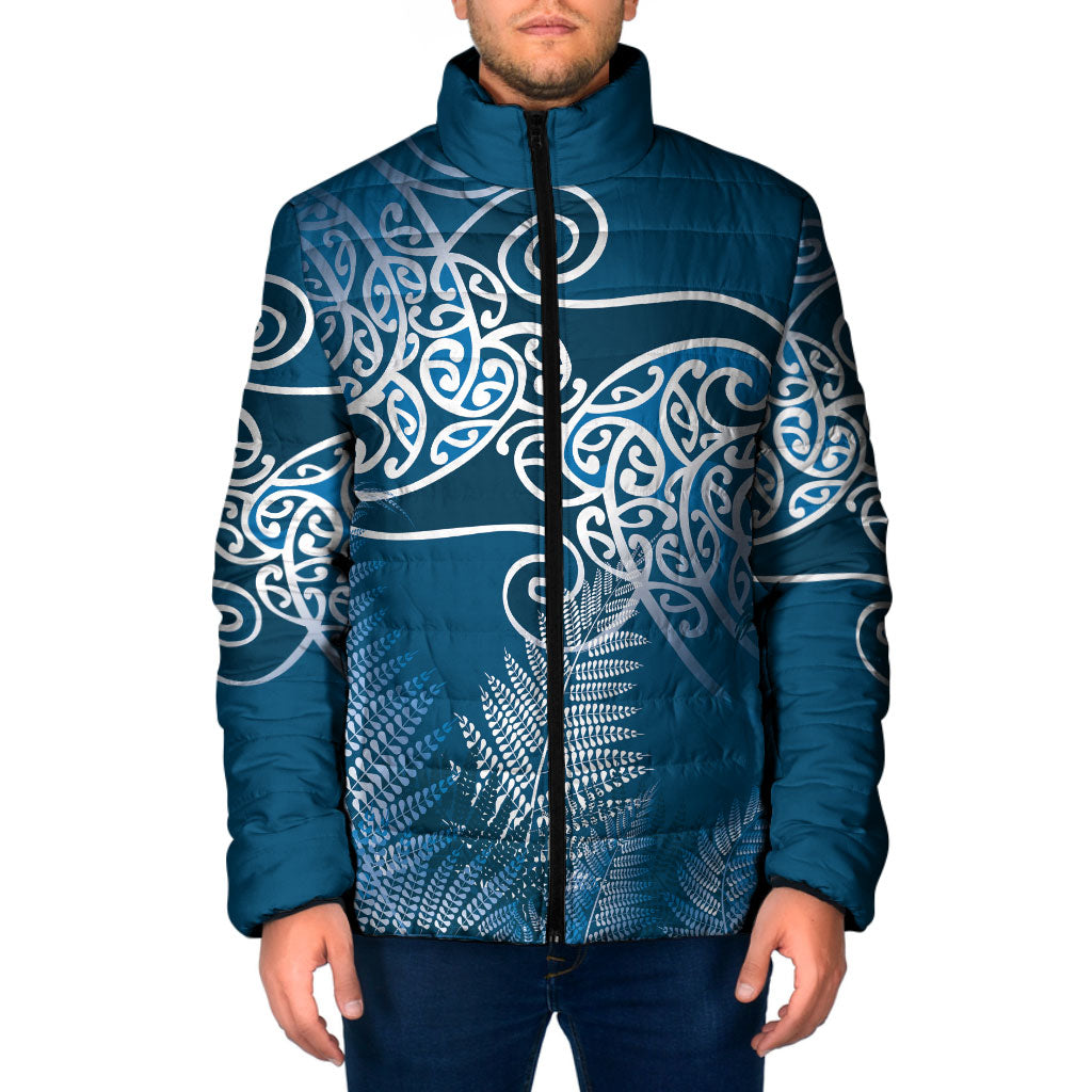 Aotearoa Maori Koru Curves Padded Jacket Silver Ferns - Navy Blue