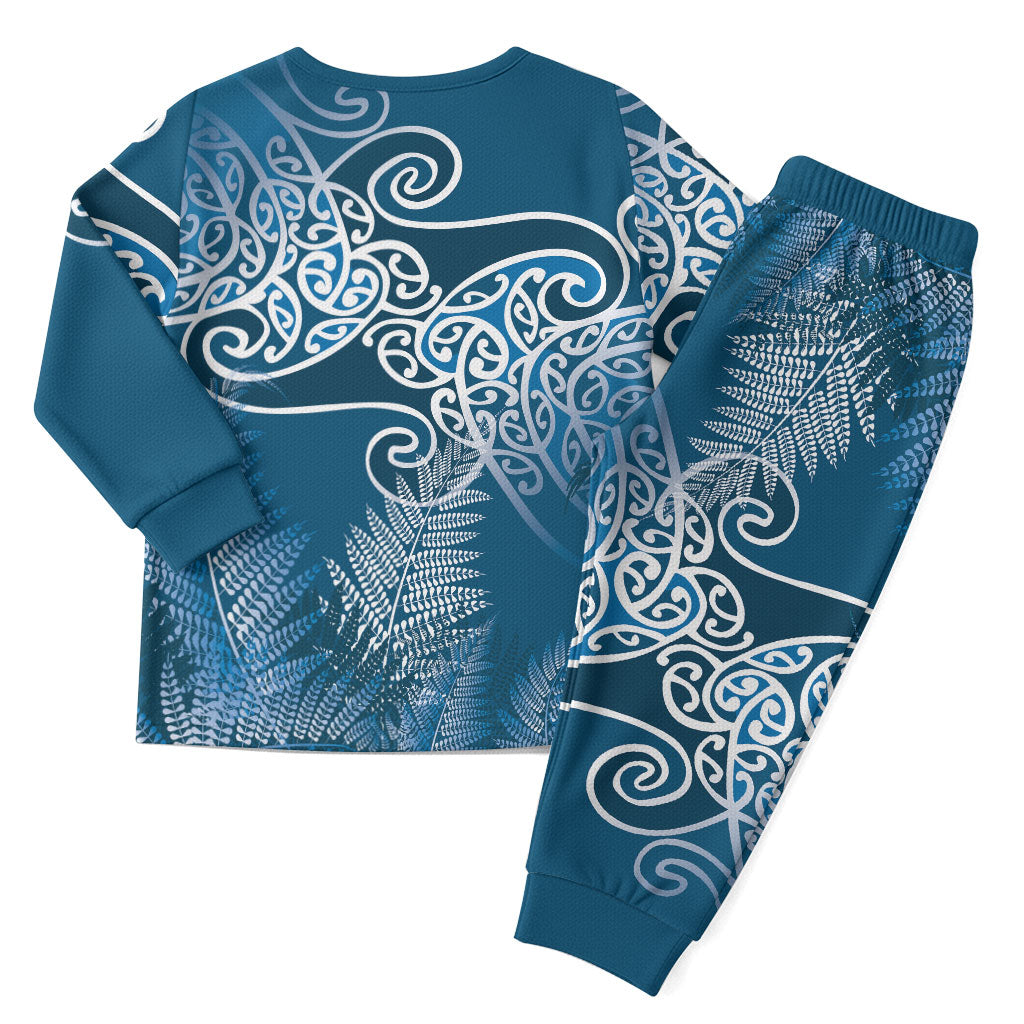 Aotearoa Maori Koru Curves Christmas Pajama Set Silver Ferns - Navy Blue LT7 - Polynesian Pride