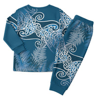 Aotearoa Maori Koru Curves Christmas Pajama Set Silver Ferns - Navy Blue LT7 - Polynesian Pride