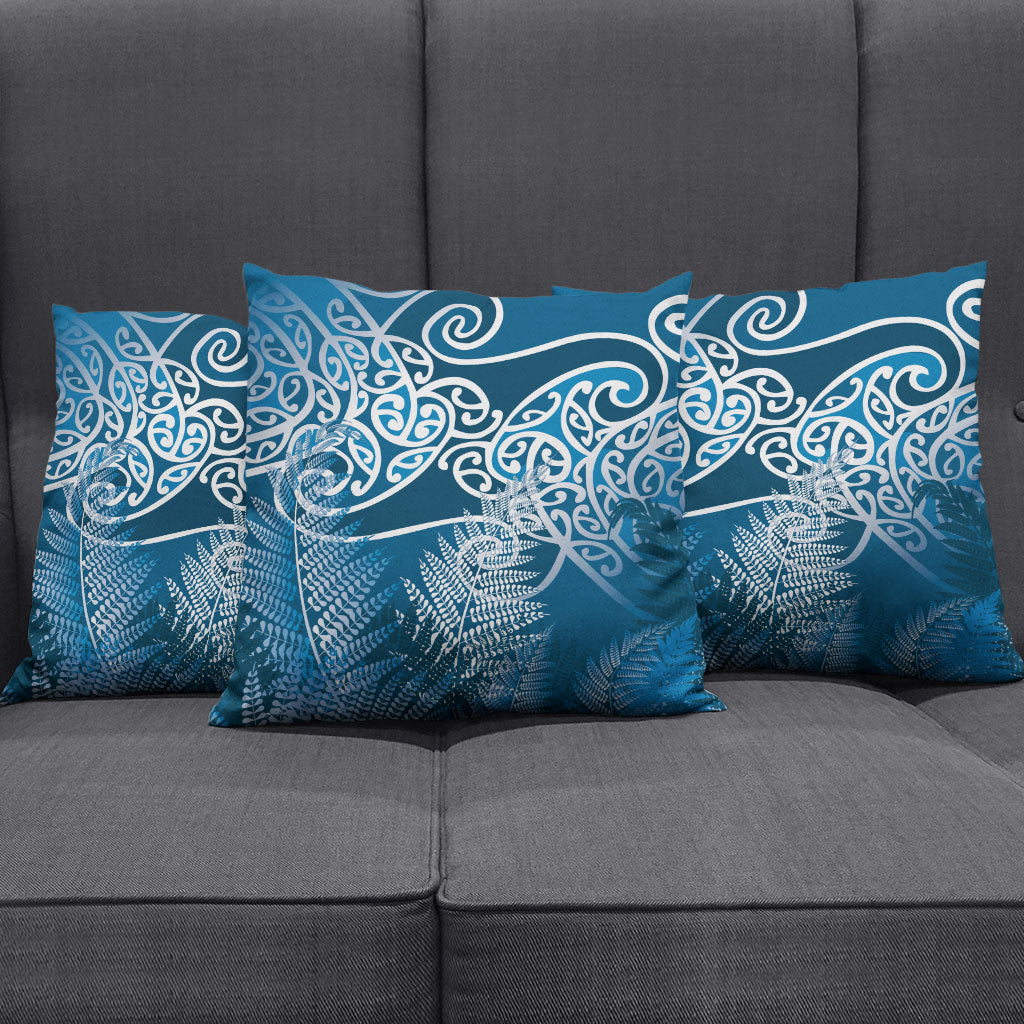Aotearoa Maori Koru Curves Pillow Cover Silver Ferns - Navy Blue
