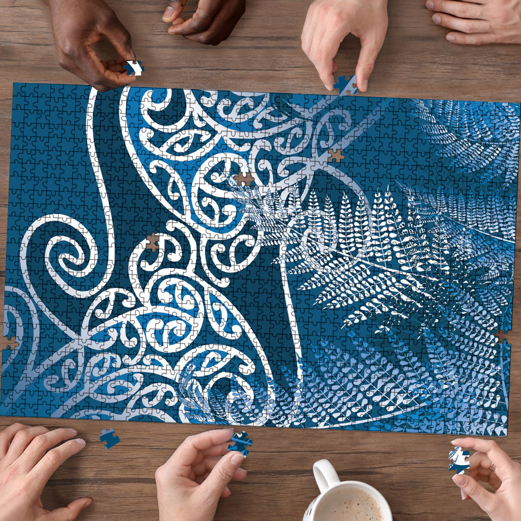 Aotearoa Maori Koru Curves Puzzle Silver Ferns - Navy Blue