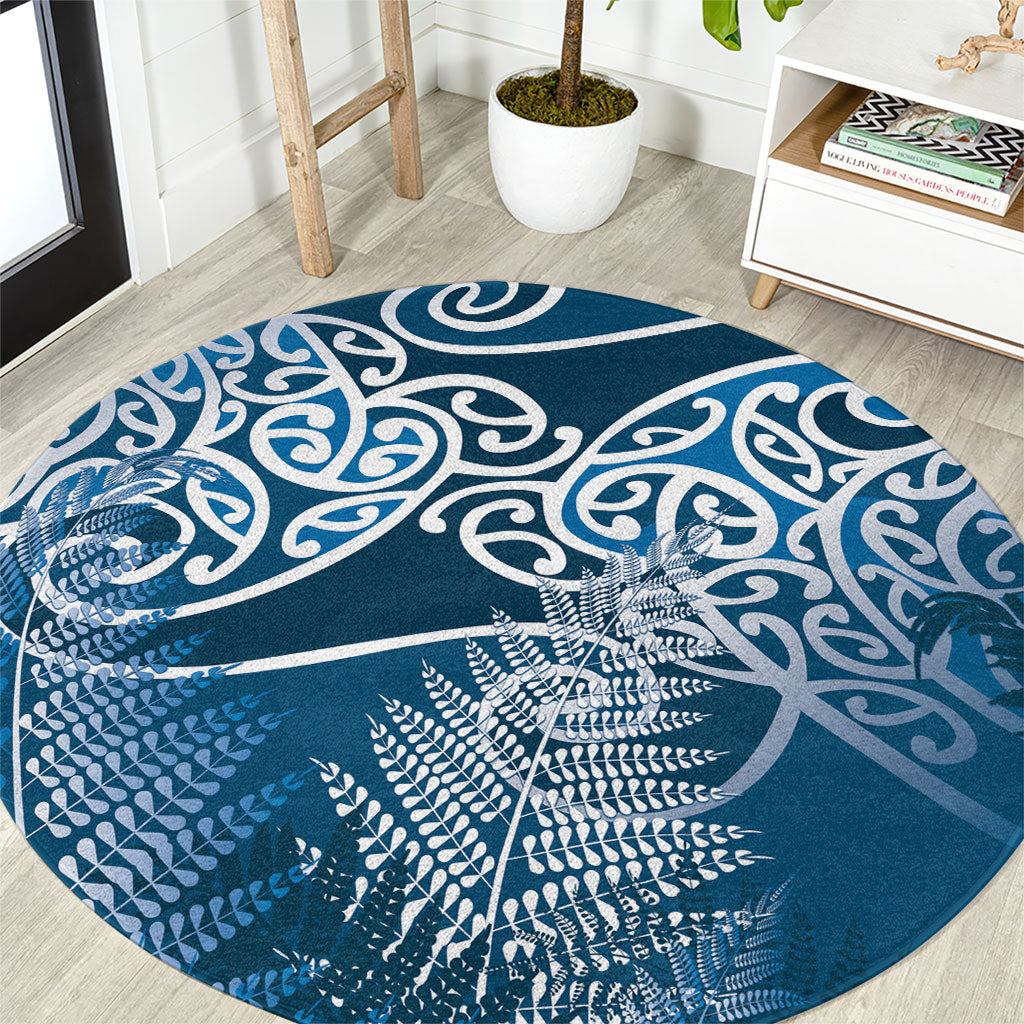 Aotearoa Maori Koru Curves Round Carpet Silver Ferns - Navy Blue