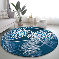 Aotearoa Maori Koru Curves Round Carpet Silver Ferns - Navy Blue
